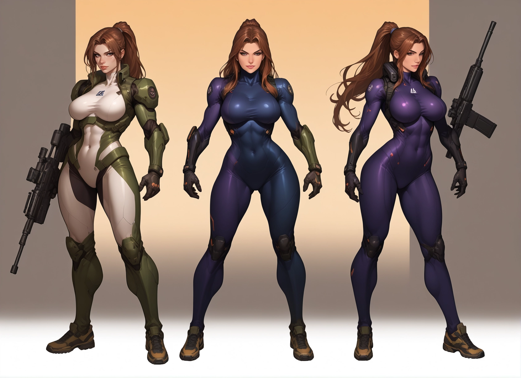 weapon, gun, bodysuit, breasts, brown hair, rifle · Yamete.gg