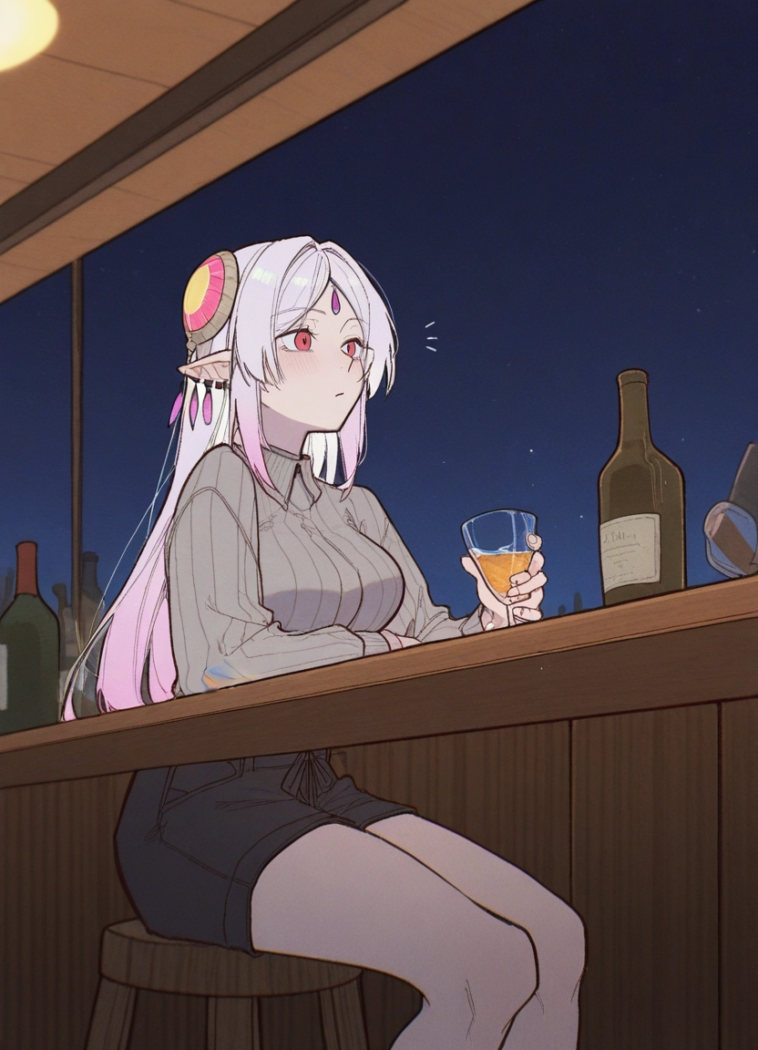 1girl, pointy ears, sitting, cup, solo, bottle · Yamete.gg