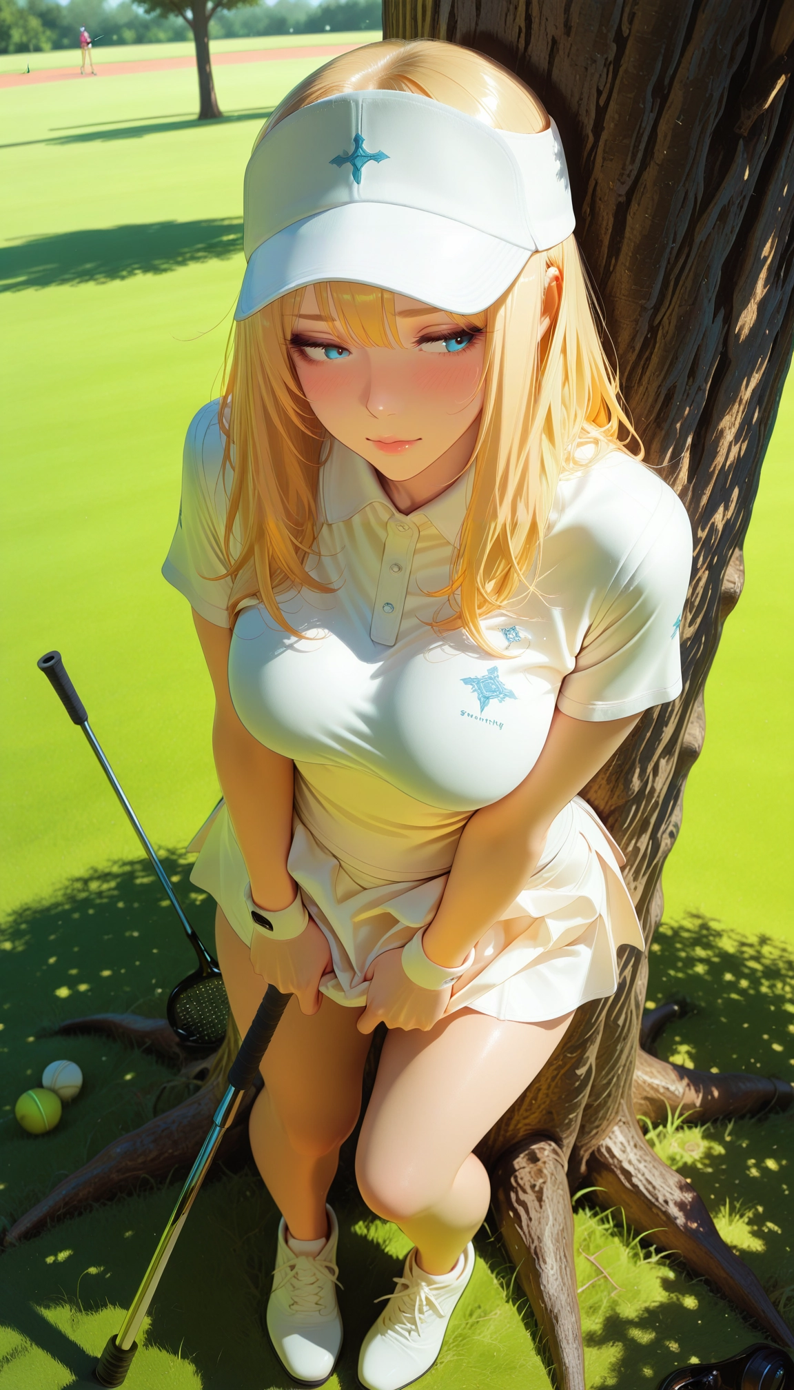 visor cap, tennis ball, blonde hair, racket, tennis uniform, tennis racket · Yamete.gg