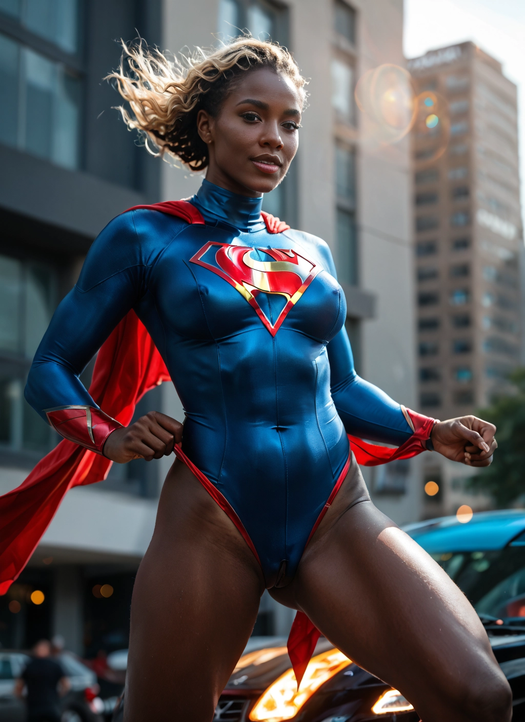 1girl, solo, leotard, breasts, motor vehicle, blonde hair · Yamete.gg