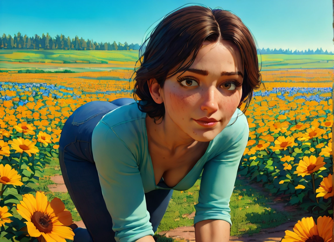 1girl, flower, breasts, solo, brown hair, field · Yamete.gg