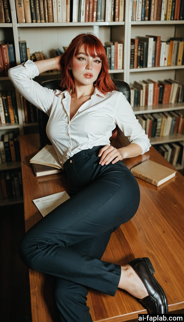 1girl, pants, book, shirt, long hair, bookshelf