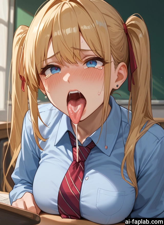 1girl, breasts, twintails, blue eyes, tongue, solo