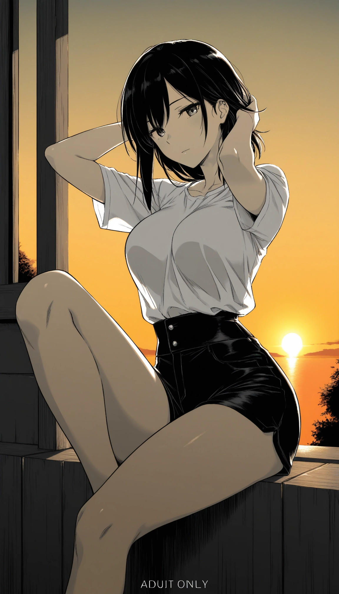 1girl, solo, shorts, breasts, sunset, black hair · Yamete.gg
