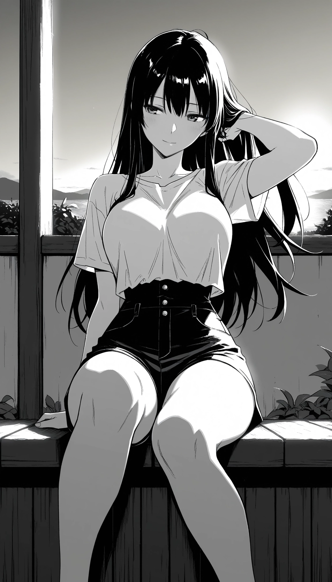 1girl, monochrome, solo, long hair, greyscale, breasts · Yamete.gg