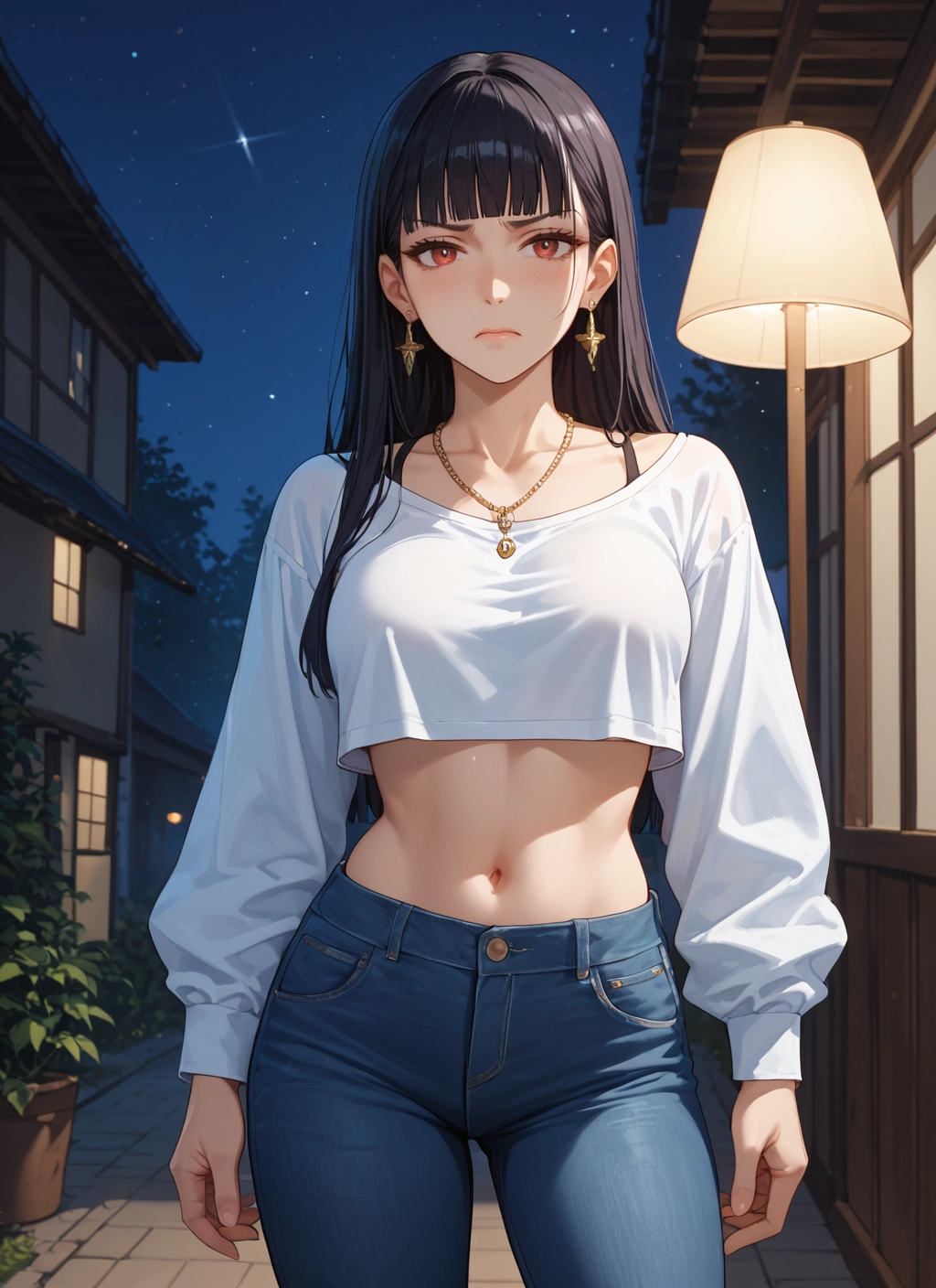 1girl, navel, jewelry, earrings, pants, solo · Yamete.gg