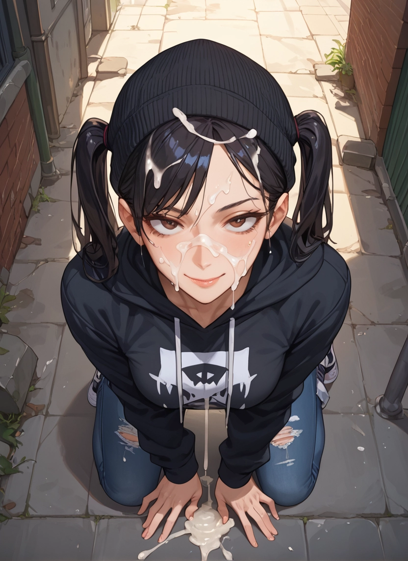 1girl, solo, cum, hat, twintails, hood · Yamete.gg