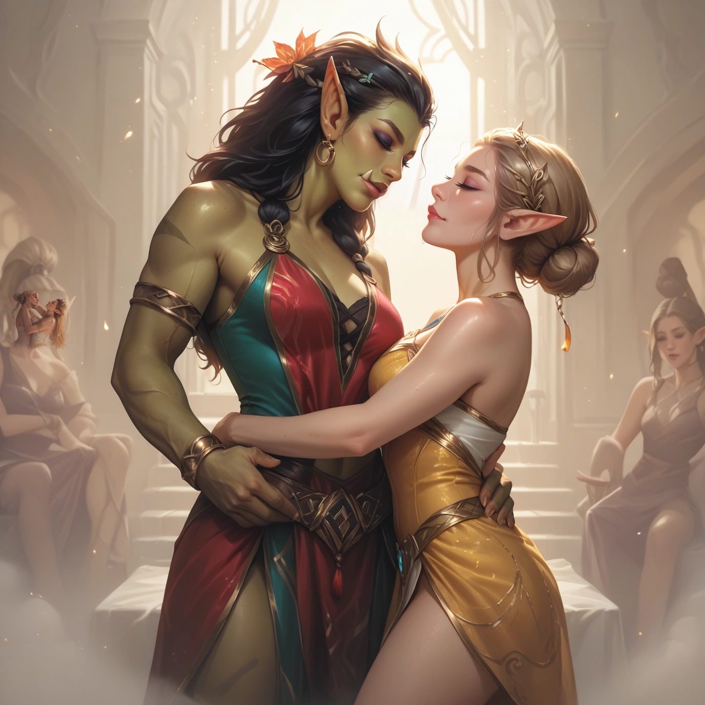 multiple girls, pointy ears, colored skin, green skin, jewelry, dress · Yamete.gg