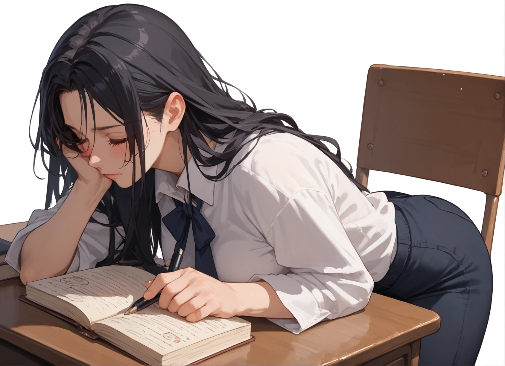 1girl, long hair, solo, black hair, shirt, closed eyes · Yamete.gg