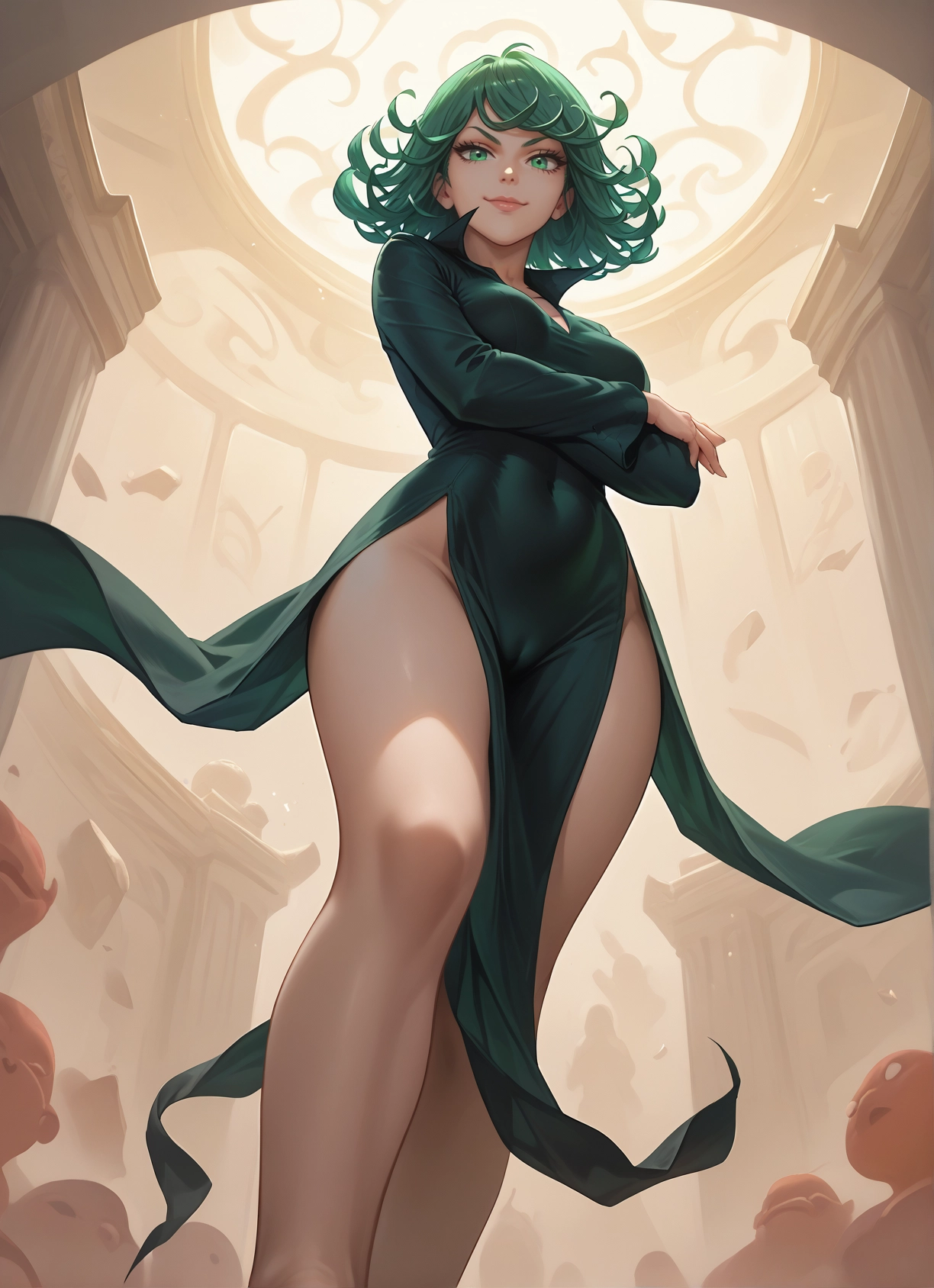 1girl, green eyes, dress, green hair, breasts, looking at viewer · Yamete.gg
