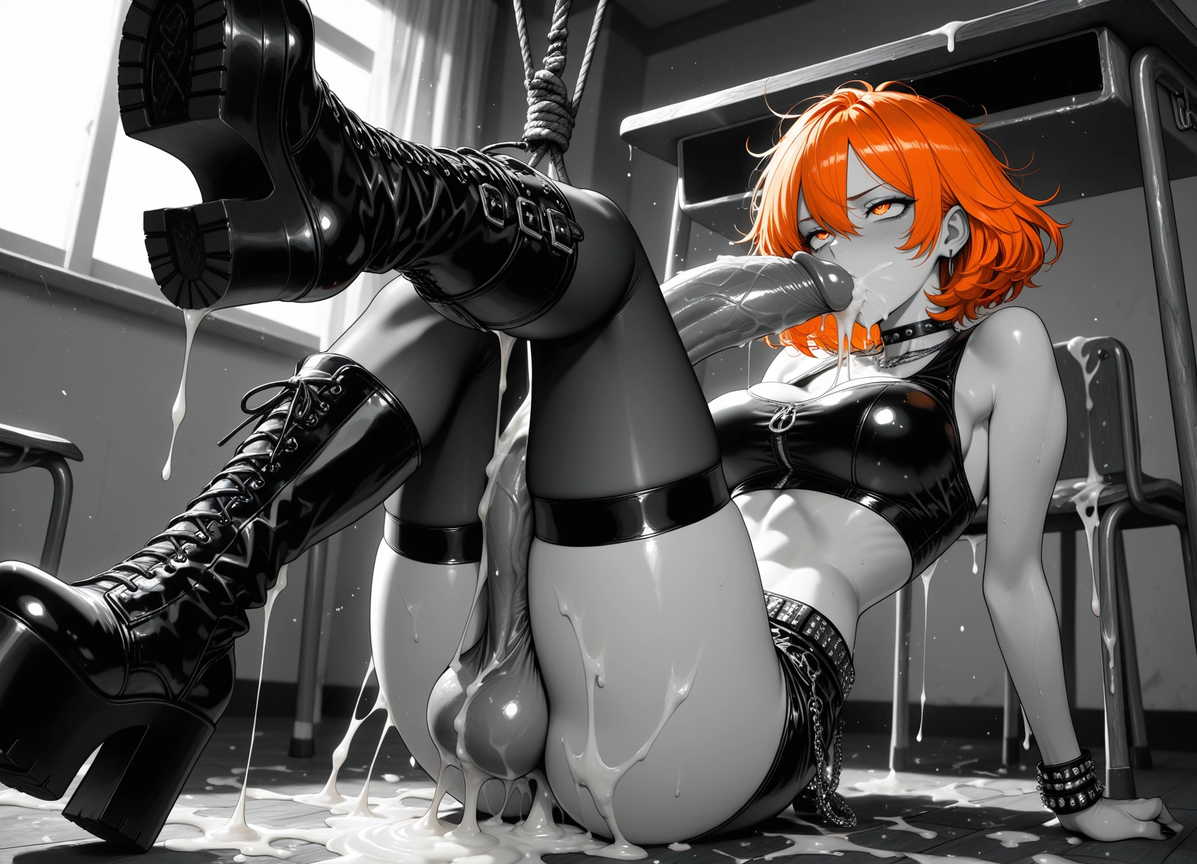 futanari, 1girl, penis, cum, crop top, boots · Yamete.gg