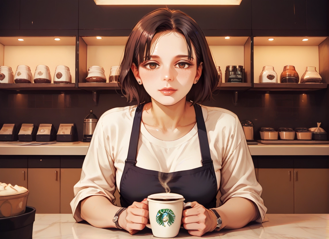 1girl, coffee, solo, brown eyes, cup, coffee mug · Yamete.gg