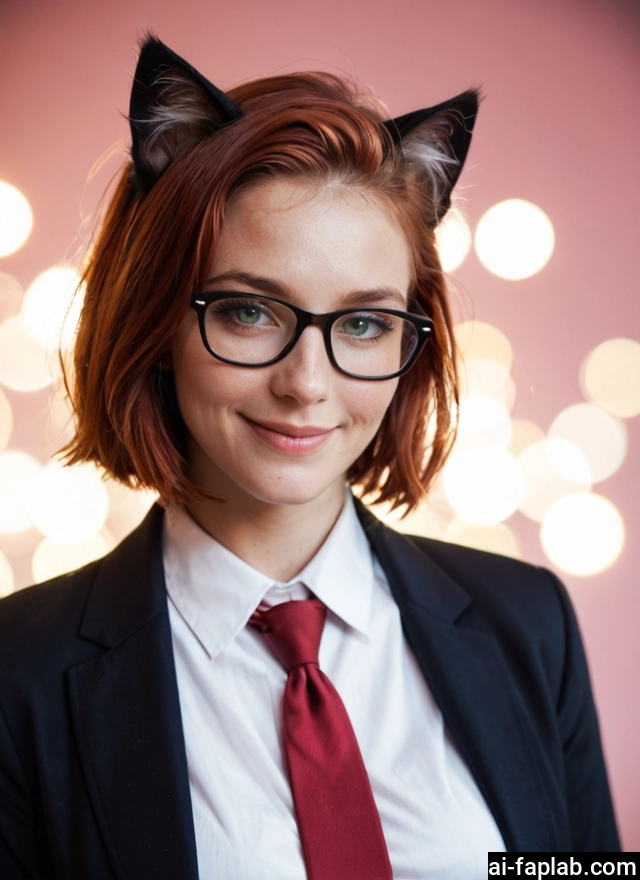 1girl, animal ears, solo, glasses, necktie, cat ears · Yamete.gg