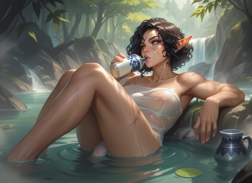 1girl, pointy ears, green eyes, solo, breasts, towel · Yamete.gg