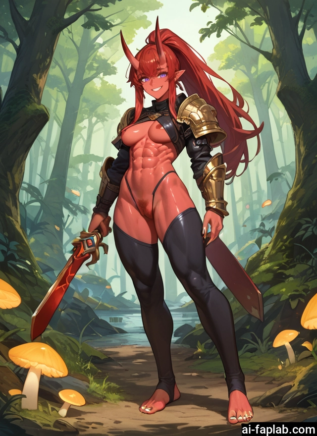 1girl, weapon, horns, breasts, sword, solo · Yamete.gg