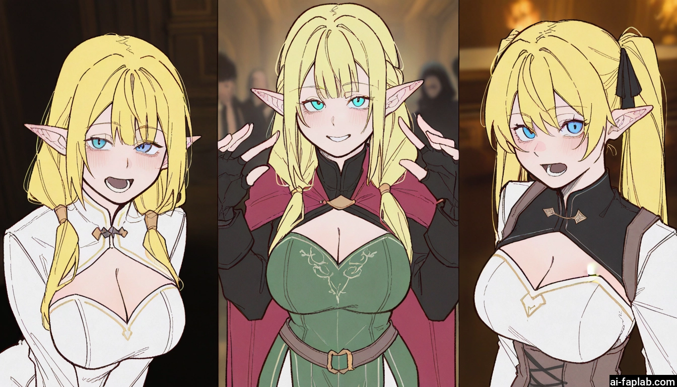 breasts, pointy ears, blonde hair, gloves, elf, blue eyes · Yamete.gg