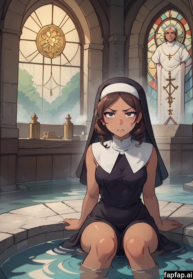 nun, church, brown hair, sitting, stained glass, drill hair