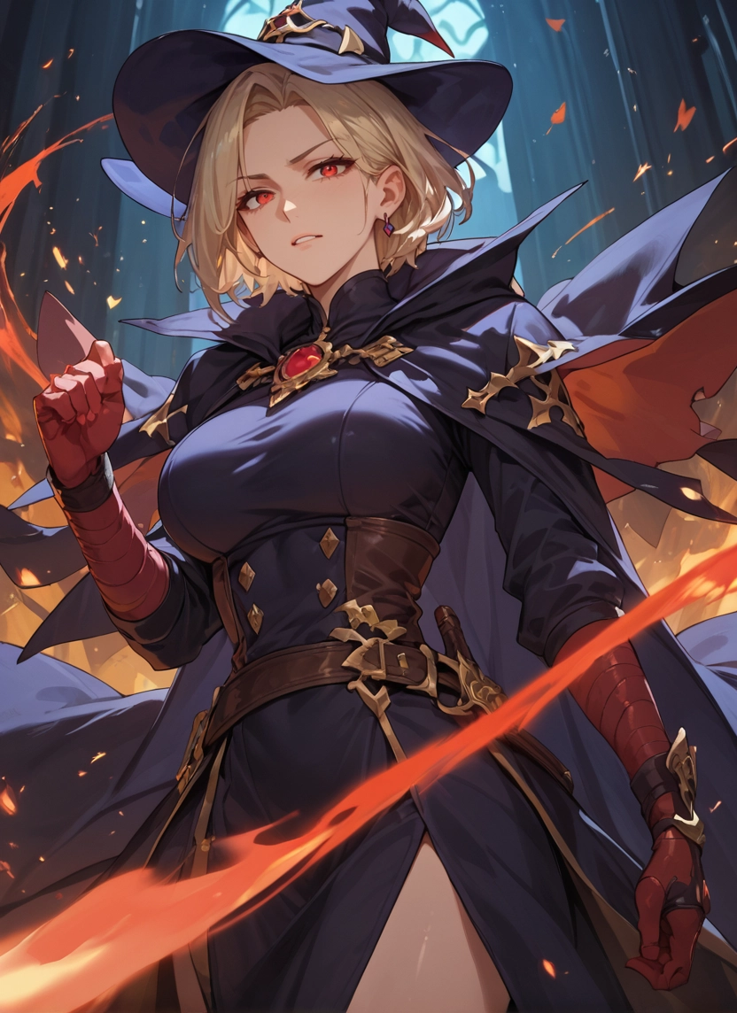 1girl, hat, witch hat, breasts, red eyes, solo · Yamete.gg