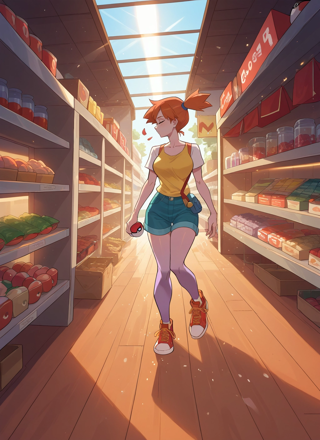 1girl, shorts, orange hair, side ponytail, solo, holding · Yamete.gg