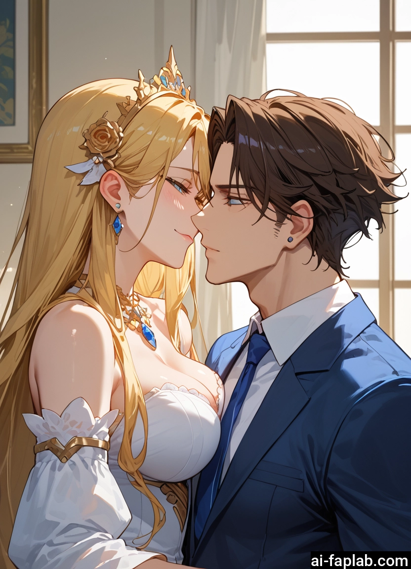 1girl, breasts, 1boy, blonde hair, dress, long hair