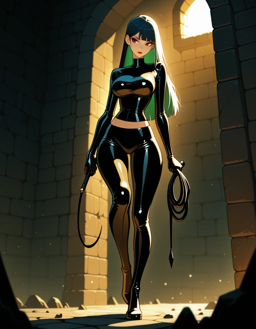 1girl, solo, long hair, latex bodysuit, green hair, breasts · Yamete.gg