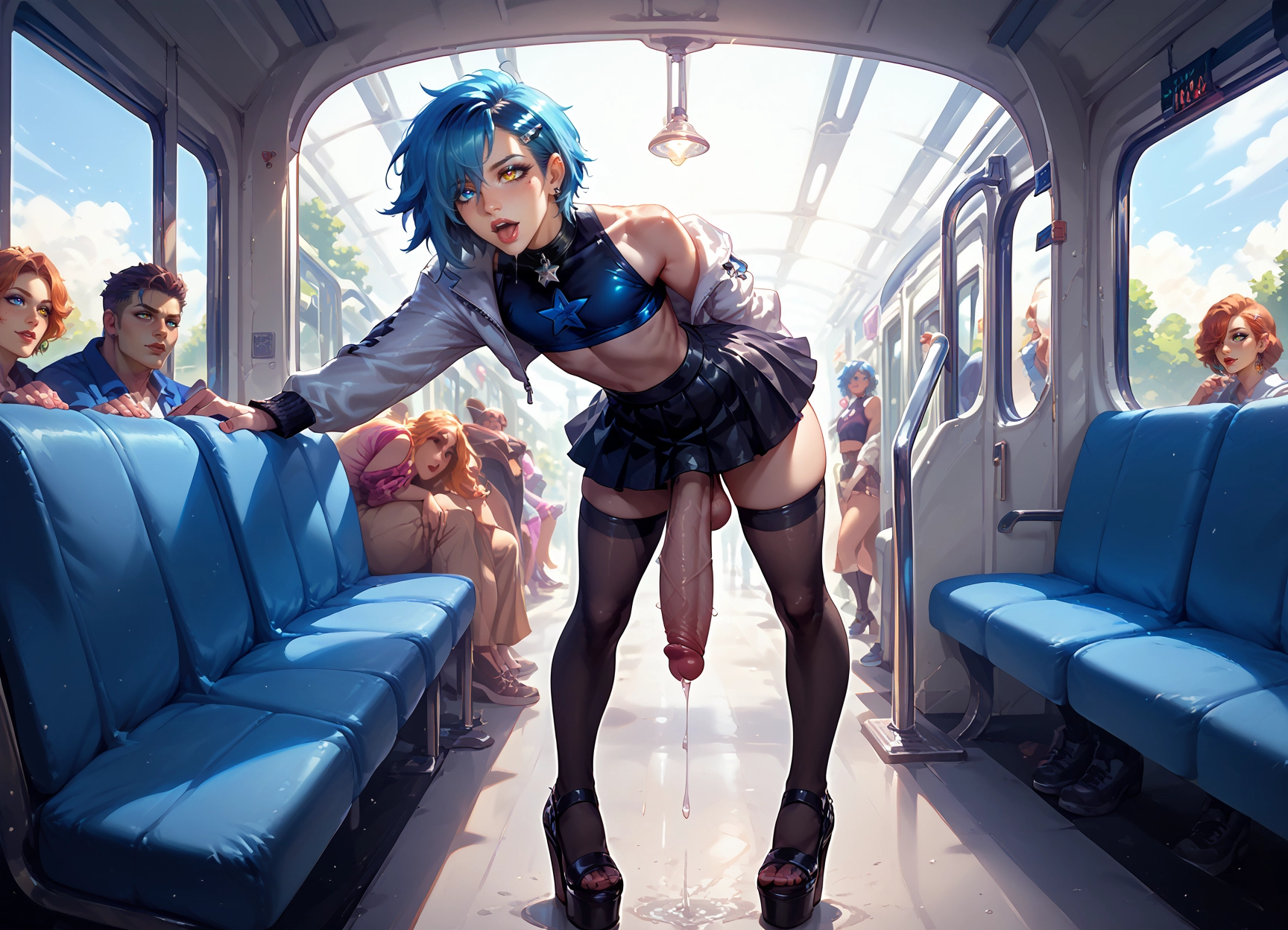 yaoi, futanari, thighhighs, crop top, open mouth, multiple boys · Yamete.gg