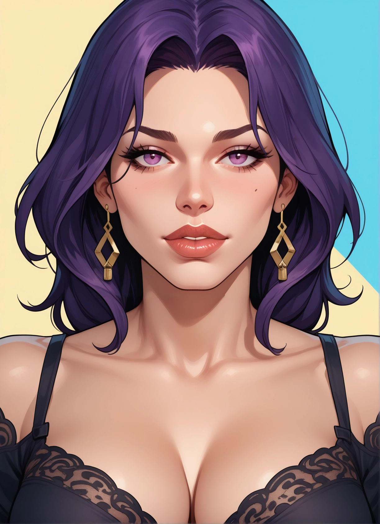 1girl, breasts, jewelry, earrings, solo, purple hair · Yamete.gg