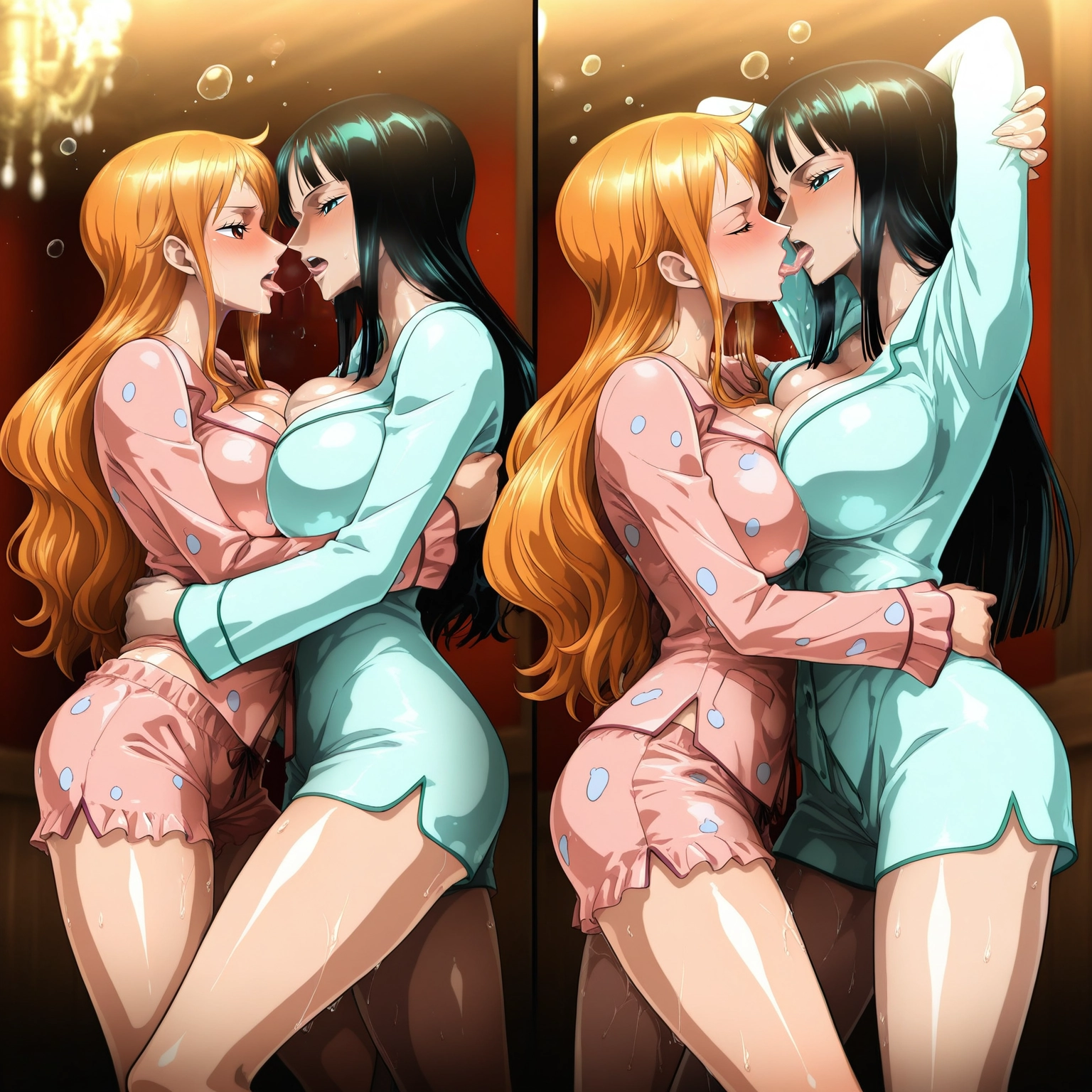 multiple girls, breasts, 2girls, yuri, pajamas, large breasts · Yamete.gg