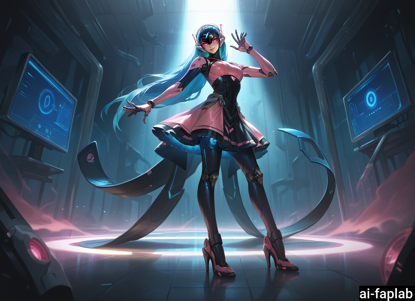 1girl, solo, long hair, blue hair, high heels, full body