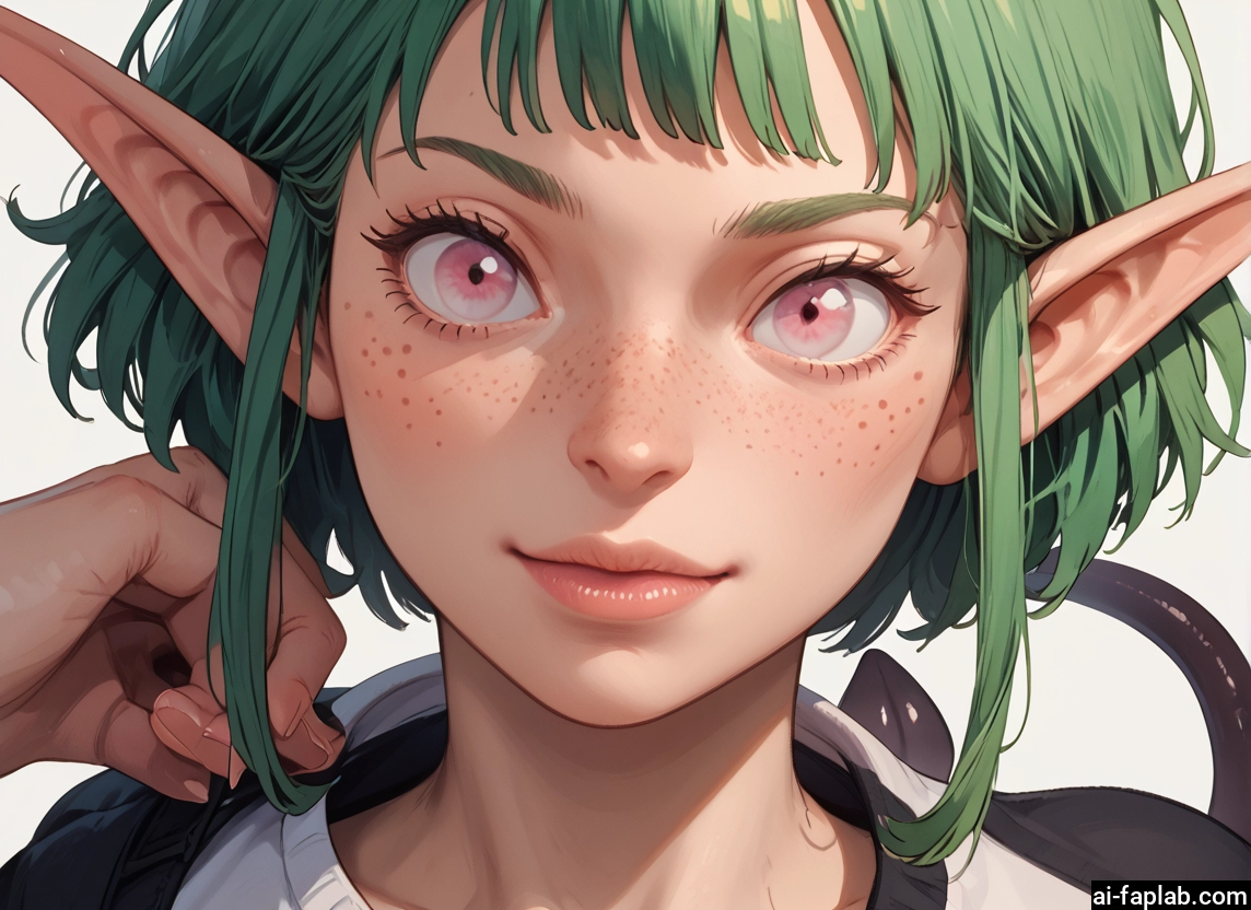 1girl, solo, pointy ears, freckles, green hair, tail · Yamete.gg