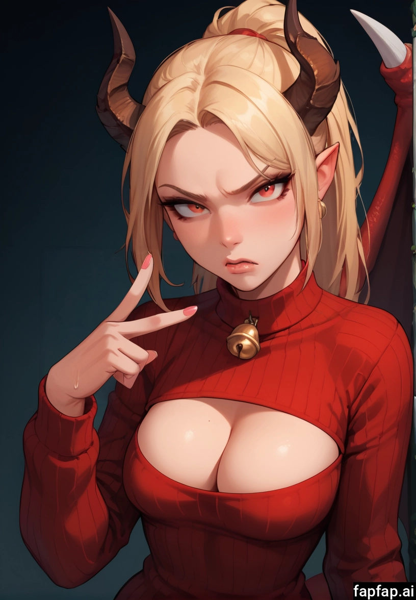 1girl, breasts, solo, sweater, horns, cleavage cutout · Yamete.gg