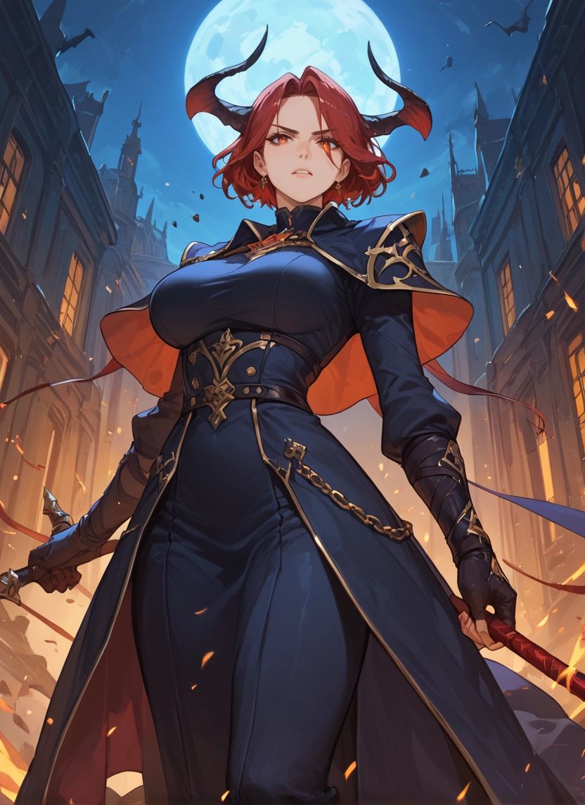 1girl, horns, moon, jewelry, breasts, earrings · Yamete.gg