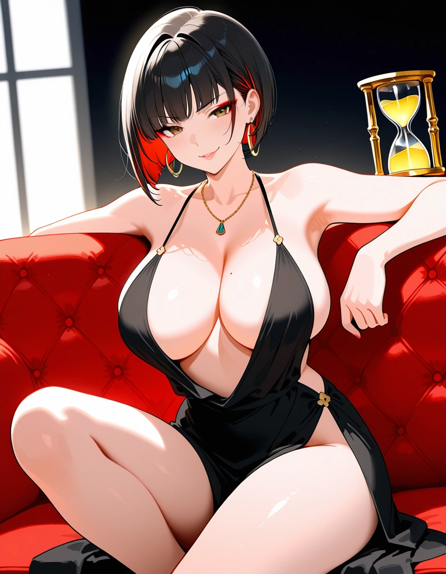 1girl, breasts, black hair, jewelry, earrings, solo · Yamete.gg