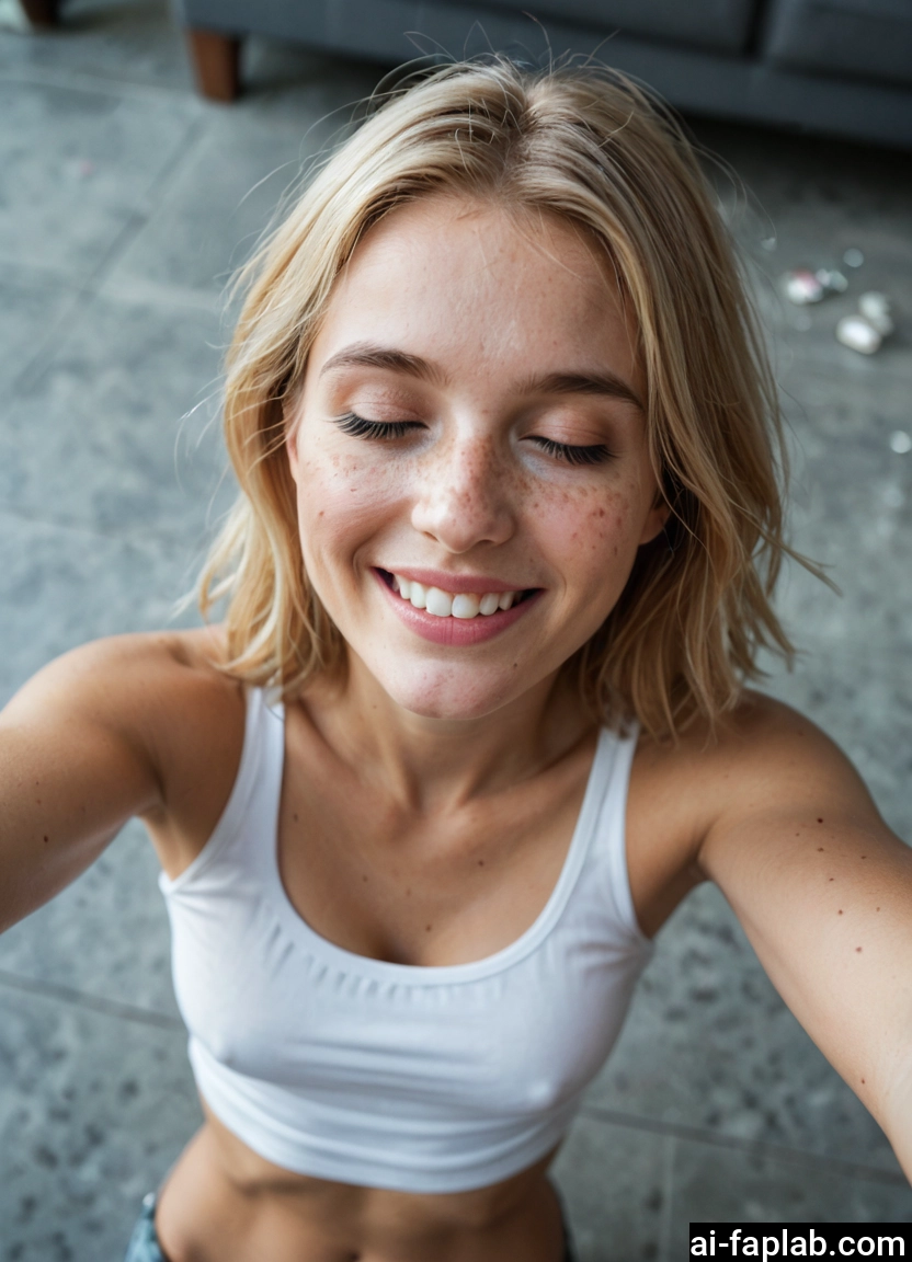 1girl, solo, photo (medium), tank top, freckles, closed eyes · Yamete.gg