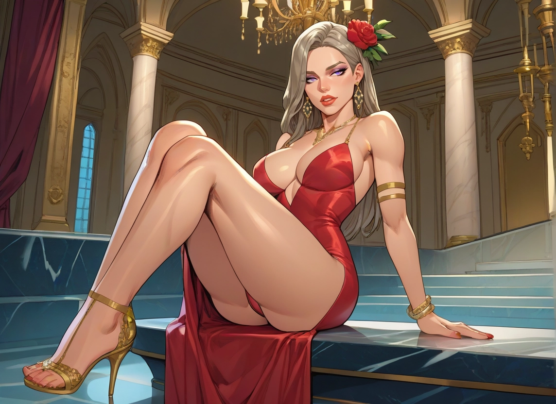 1girl, breasts, jewelry, dress, flower, high heels · Yamete.gg