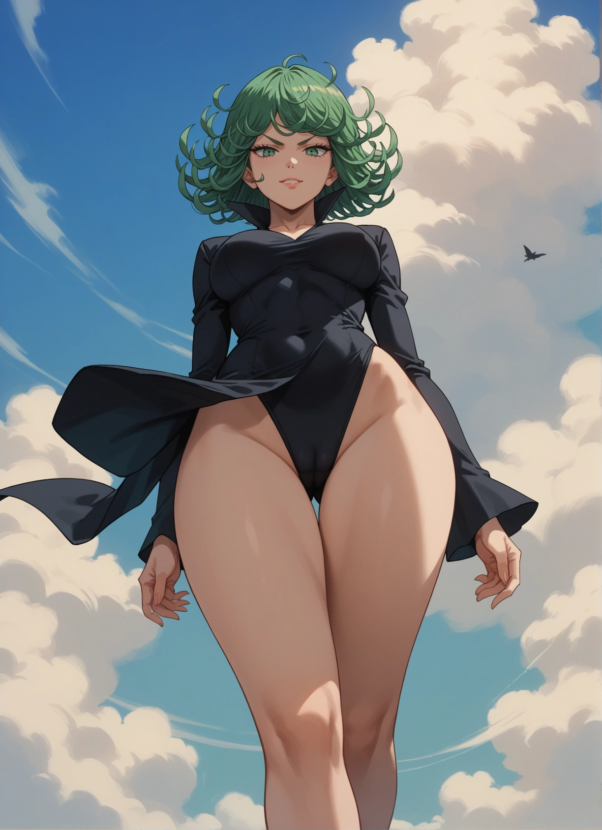 1girl, green eyes, dress, breasts, green hair, black dress · Yamete.gg