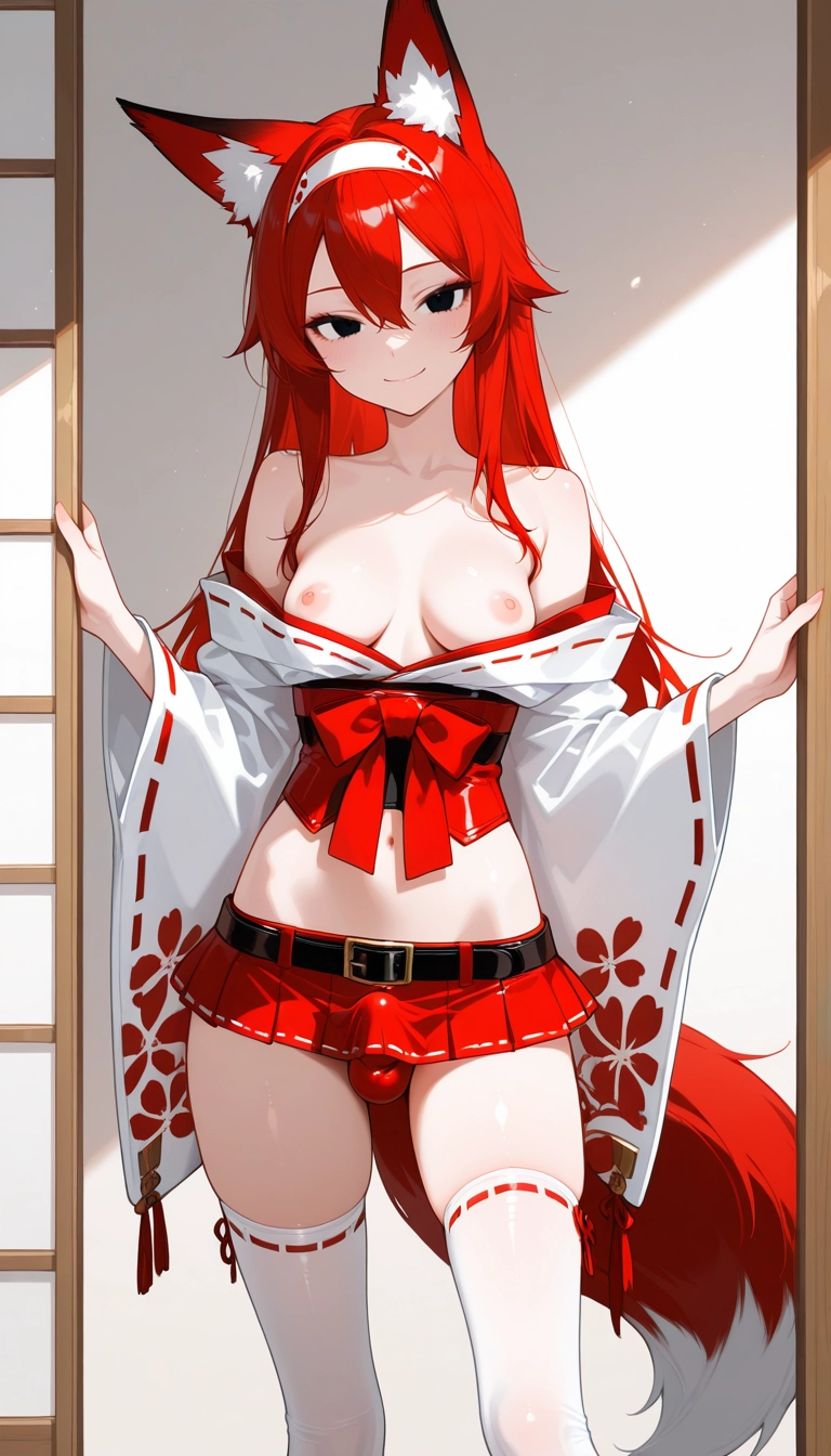 solo, 1girl, breasts, thighhighs, animal ears, red hair