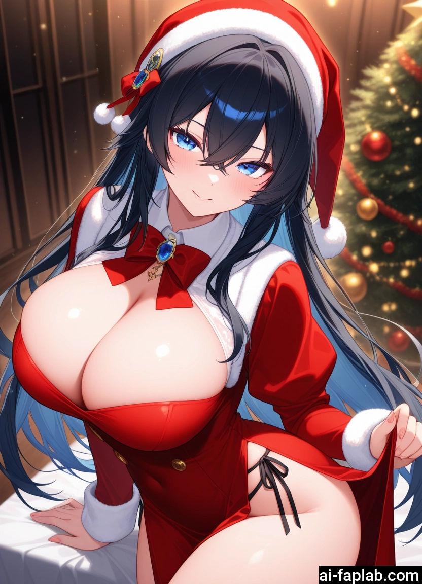 breasts, 1girl, hat, blue eyes, santa hat, cleavage · Yamete.gg