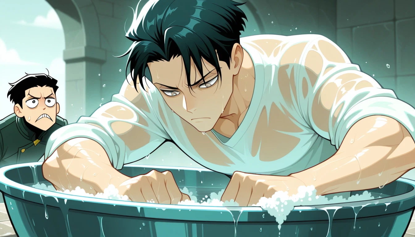 multiple boys, 2boys, male focus, wet, shirt, black hair · Yamete.gg