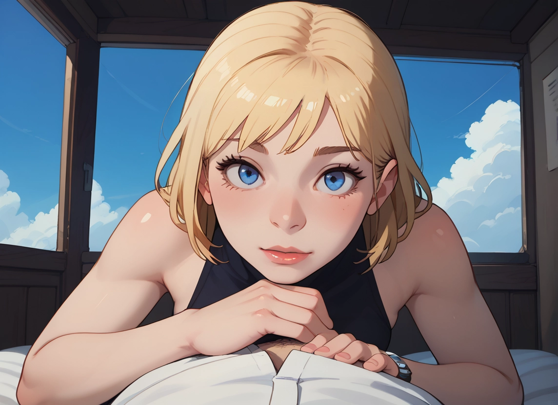 1girl, blonde hair, blue eyes, looking at viewer, 1boy, watch
