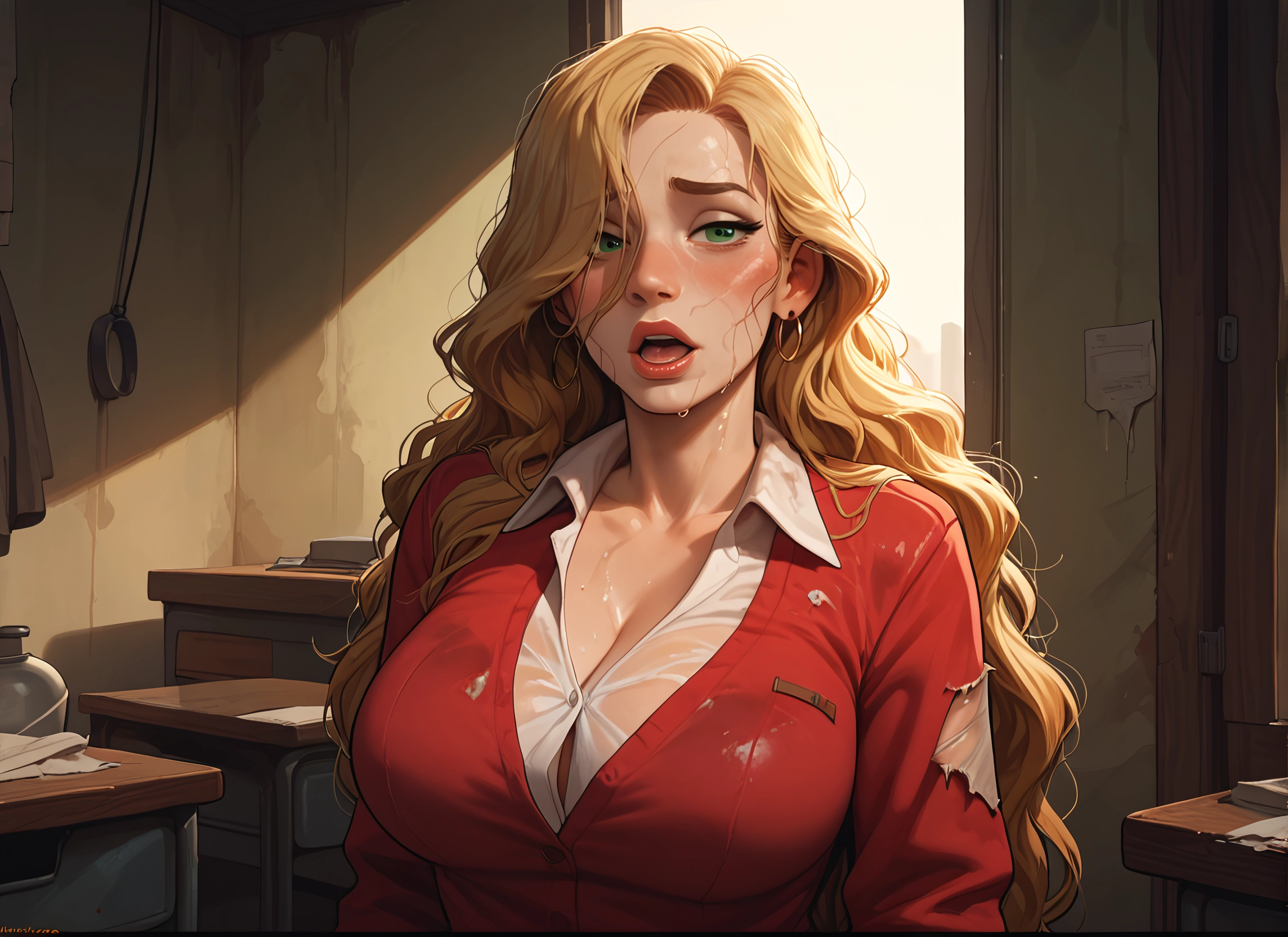 1girl, breasts, shirt, long hair, green eyes, collared shirt · Yamete.gg