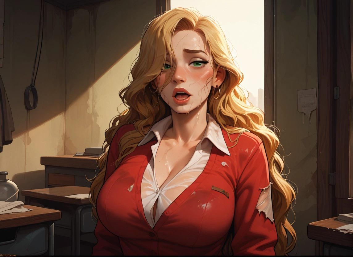 1girl, breasts, shirt, long hair, green eyes, collared shirt