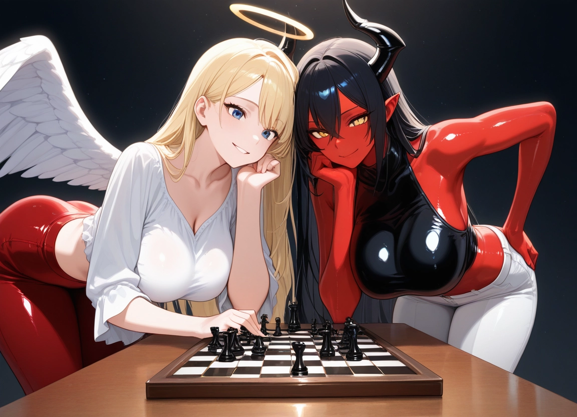breasts, multiple girls, 2girls, horns, blonde hair, halo · Yamete.gg