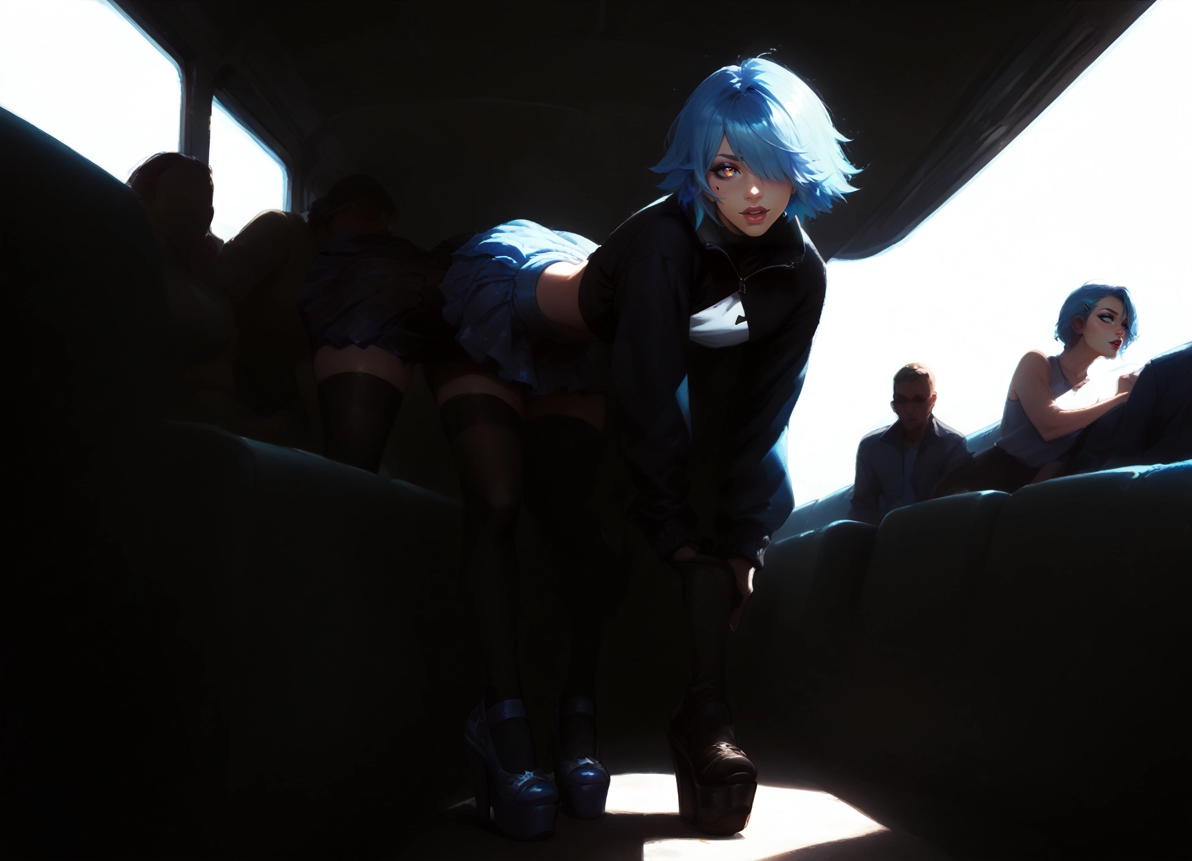 blue hair, 2girls, multiple girls, short hair, thighhighs, skirt · Yamete.gg