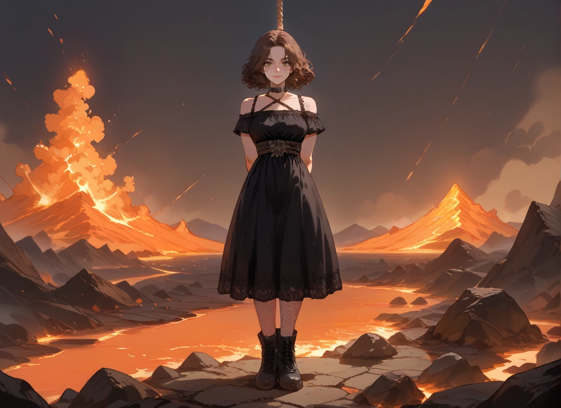 1girl, dress, solo, black dress, boots, brown hair · Yamete.gg