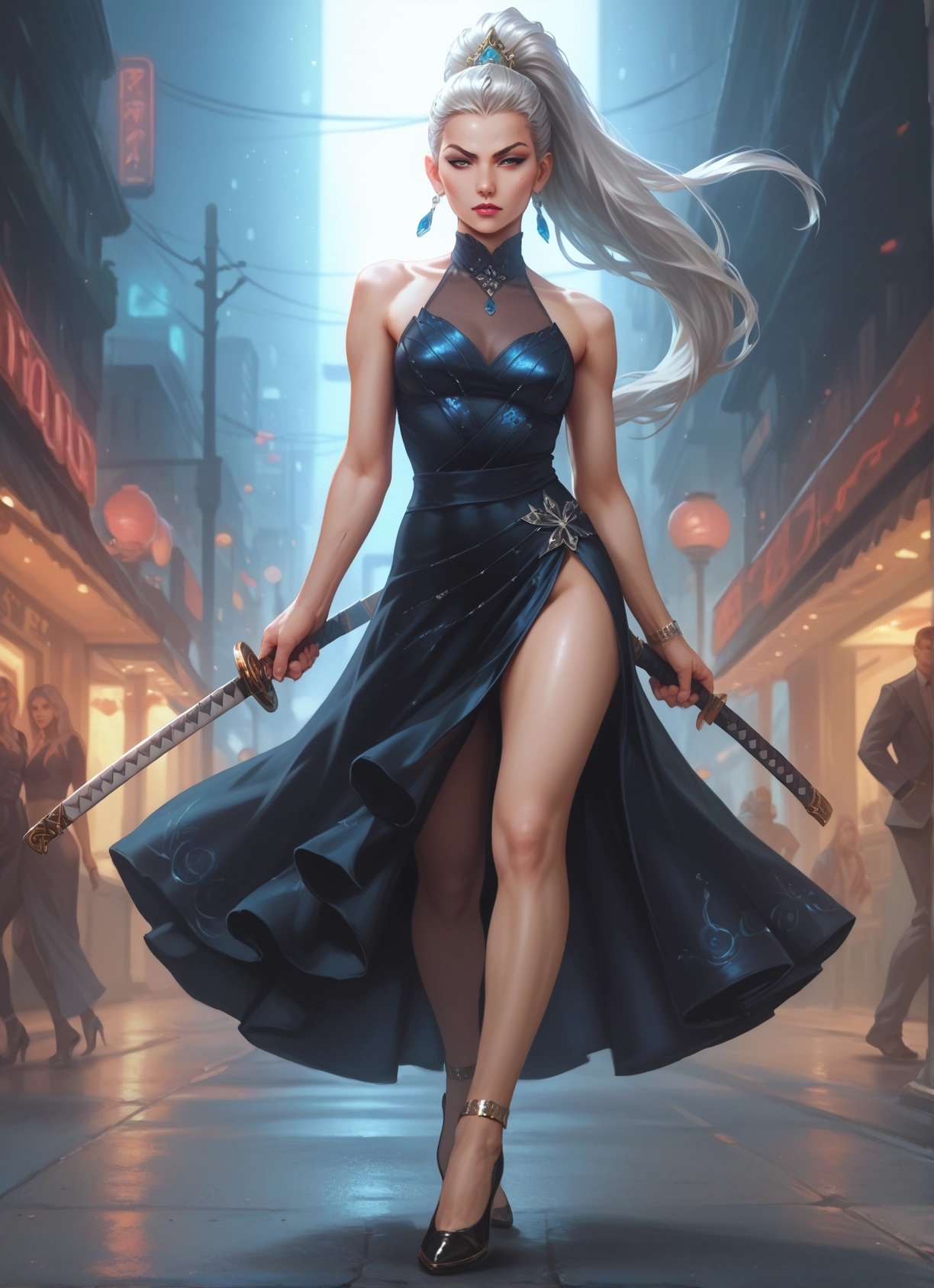 weapon, sword, dress, jewelry, earrings, long hair · Yamete.gg