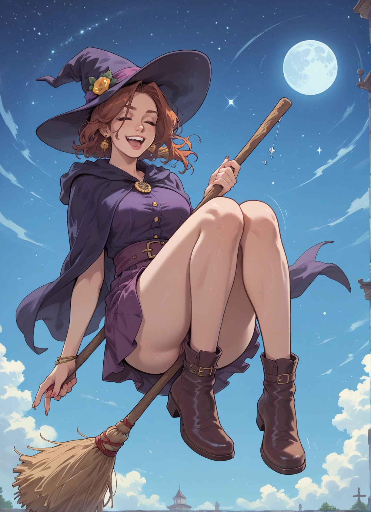 1girl, hat, broom, witch hat, jewelry, moon · Yamete.gg