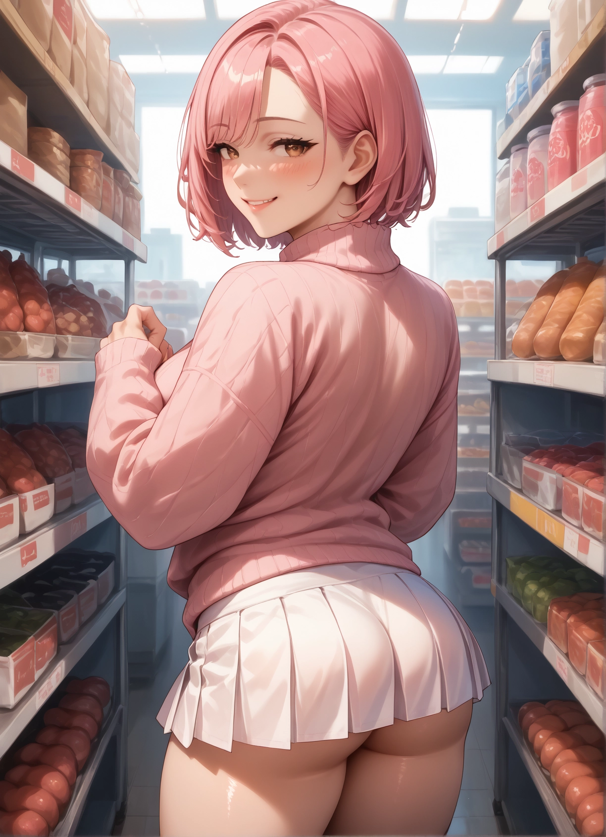 1girl, ass, skirt, pink hair, sweater, solo · Yamete.gg
