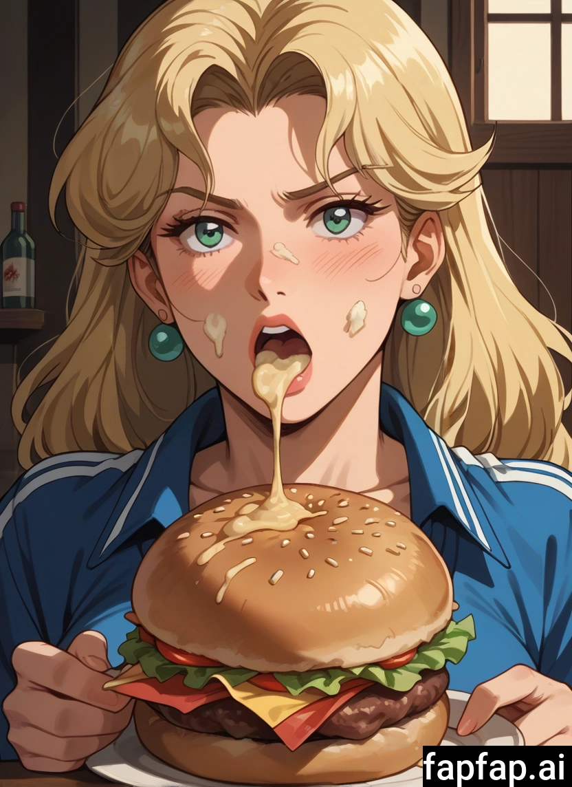 1girl, jewelry, blonde hair, earrings, food, solo