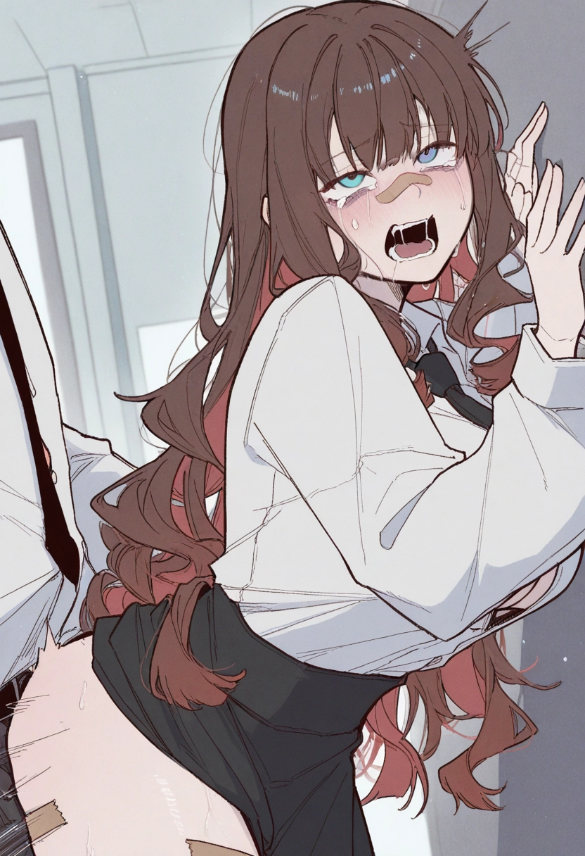 1girl, brown hair, hetero, 1boy, long hair, open mouth